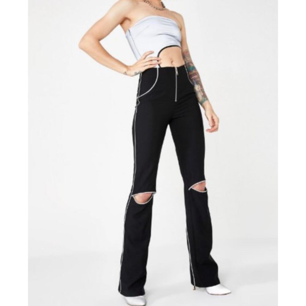 I.AM.GIA Jet Pants Black Cut Out Knees Reflective Piping Women's Large